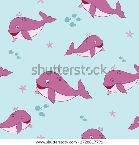 Cute Whale Seamless Pattern for Kids with Ocean Theme, A cute seamless pattern featuring smiling cartoon whales swimming in the ocean with small fish and starfish on a soft blue background. This playful marine design is perfect for kids fabric, baby products, nursery decor, wallpaper, wrapping paper, and children textile projects. Simple, fun, and friendly illustration style suitable for both print and digital use.
