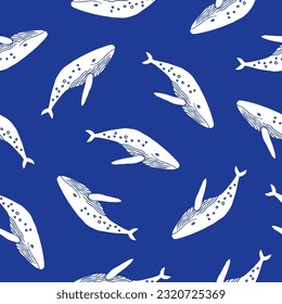 Patrón de ballena sin soldadura en fondo azul. Patrón de repetición de animales de mar azul blanco. Ilustración dibujada a mano por ballenas jorobadas.