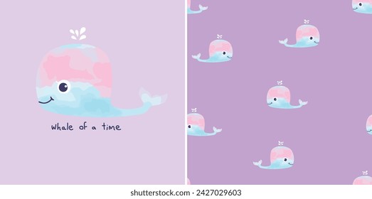 Cute whale seamless pattern with slogan. Watercolour vector repeat pattern in lilacs and purples. Sweet adorable pretty print for girls kids and teen fashion and swimwear. Sketchy doodle