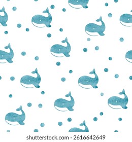 Cute whale seamless pattern. Vector baby print with blue watercolor whales