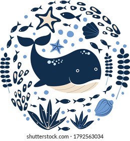 Hitzwal, Muscheln, Fisch, Seesterne auf weißem Hintergrund. Flache Vektorgrafik.