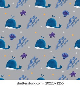 Cute whale with seaweed, starfish, and shell. Watercolor hand painting vector illustration.