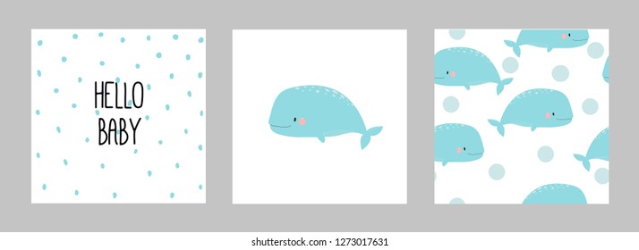 Cute whale . Set of two cards and drawings. For fashion design. postcards. mugs, bags. children's illustration.