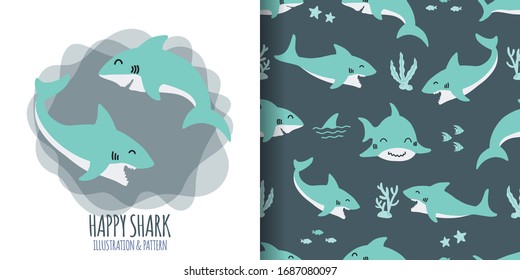 cute whale shark seamless pattern with doodle illustration card editable template