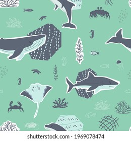 Cute Whale, Shark, Stingray, Seahorse, Crab, Fish, Dolphin Animals And Corals, Algae Seamless Pattern. Collage, Cut Paper Effect On Green Background