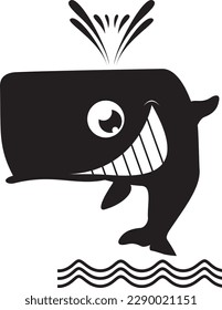 Cute whale. 
Smiling cartoon whale. Black and white
