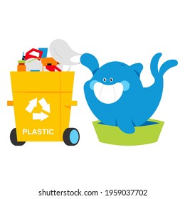 Cute whale sorts the plastic waste vector cartoon character isolated on a white background.