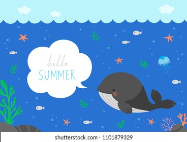 Cute whale with speech bubble and sea animals on underwater background