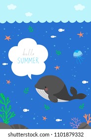 Cute whale with speech bubble and sea animals on underwater background