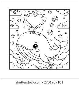 Cute Whale Spouting a Heart Vector Line Art - Black and White Kawaii Ocean Animal for Love Theme Coloring Page, Nursery Decor, and Marine Graphic