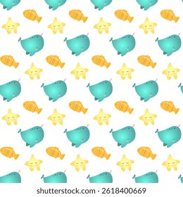 Cute whale and star seamless pattern.