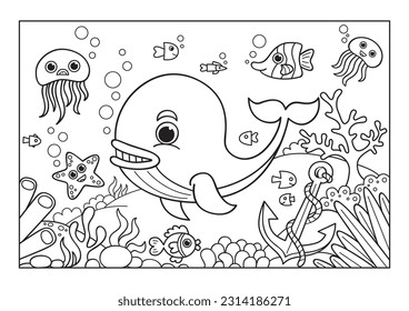 A cute whale surrounded by fish, octopus and a starfish. Plants grow on the bottom and the ship's anchor lies in the water. Black and white vector illustration for coloring book.