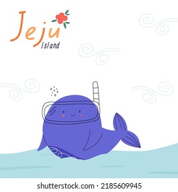 Cute Whale Swimming In The Sea Or Ocean, Poster Cartoon Flat Vector Illustration. Jeju Island Inscription, Travel Postcard. Childish Sea Mammal Swimming With Snorkeling Mask.