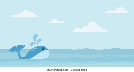 Cute whale swimming in the sea vector illustration. Whale in the ocean flat design have blank space.