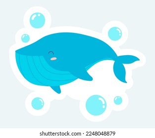 Cute whale swims with bubbles. Ocean underwater fauna and nature. Vector illustration in cartoon sticker design