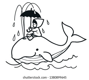 Cute whale swims in ocean spouting water, carrying on its back little girl in raincoat with umbrella vector cartoon hand drawn doodle illustration. Animals, baby and children decor, coloring book page