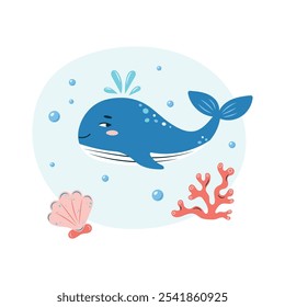 Cute whale swims in the sea underwater. Poster with whale on white background. Character in children's style. Vector illustration.