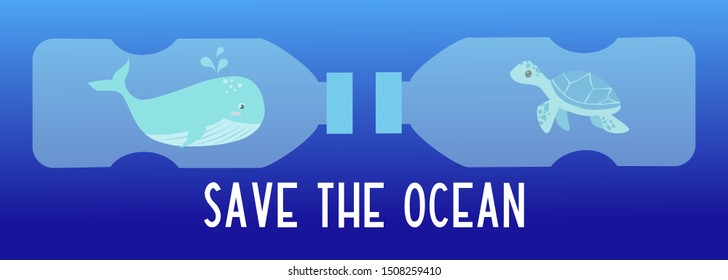 Cute Whale and Turtle are Trapped in Plastic Bottles Floating on the Ocean. Flat Cartoon Vector Illustration. Zero Waste, Save the Ocean, Plastic Free Concept.