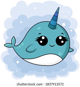 Cute whale unicorn. Cartoon character with big eyes, friendly smile. Flat design. Vector illustration