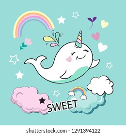 Cute whale unicorn on a blue background