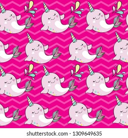 Cute whale unicorn on a pink background seamless pattern