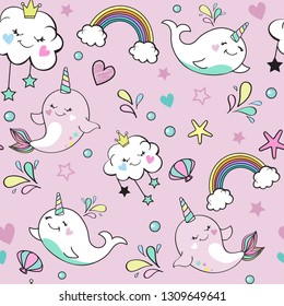 Cute whale unicorn, rainbow and the clouds on a pink background seamless pattern