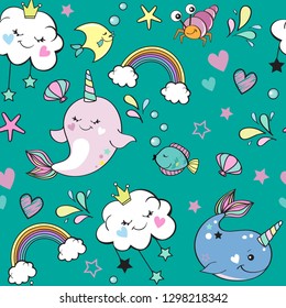 Cute whale unicorn, rainbow and marine inhabitants on a blue background seamless pattern