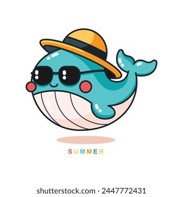Cute whale vector illustration, donning a straw hat, in flat art style. Perfectly isolated on white, ideal for your creative design work