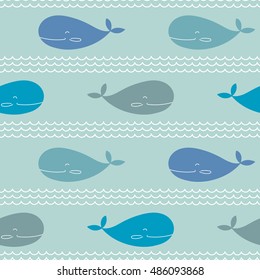 Cute whale vector pattern. Seamless baby background.