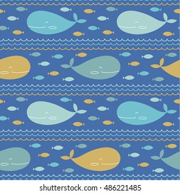 Cute whale vector pattern. Seamless marine background.