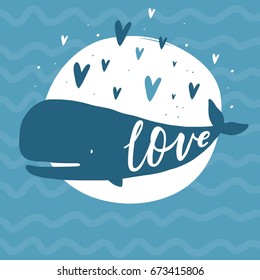 Cute Whale vector print. Love lettering