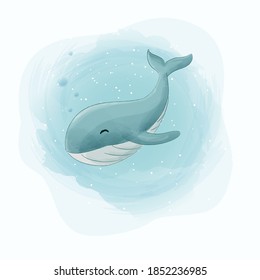 Cute whale watercolor illustration be used for illustration cover book, cards, invitations, baby shower, posters, with white isolated background