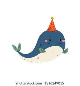 Cute Whale Wearing Party Hat, Lovely Animal Character for Happy Birthday Design Vector Illustration