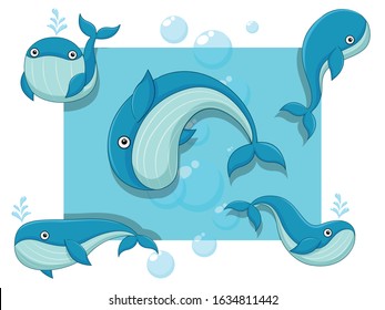 Cute Whales Cartoon Characters Set. Vector illustration With Cartoon Happy Animal