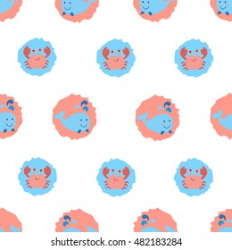 Cute whales and crabs seamless pattern in pink and blue colors. Vector circles background. 