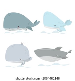 Cute whales. Marine life animals, underwater blue whales, childrens icons for stickers, baby shower, books. Simple cartoon vector set. Aquatic creatures, splashing water through blowhole.
