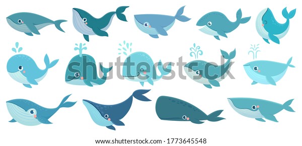 Cute whales. Marine life animals, underwater
blue whales, childrens icons for stickers, baby shower, books.
Simple cartoon vector set. Aquatic creatures, narwhal splashing
water through blowhole