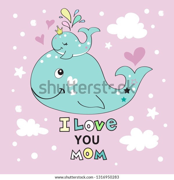 Cute Whales Mom Baby Inscription Love Stock Vector Royalty Free