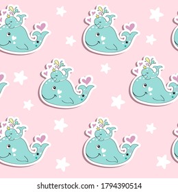 Cute whales mom with baby in kawaii style seamless pattern. Mother's Day