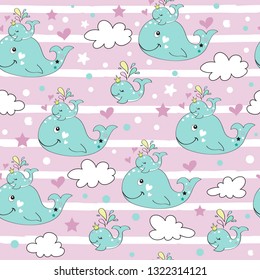 Cute whales mom and baby on a pink background seamless pattern