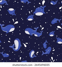 Cute whales on dark blue background seamless pattern