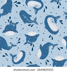 Cute whales on light blue background seamless pattern.