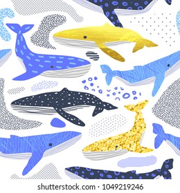 Cute Whales Seamless Pattern. Childish Marine Background with Abstract Elements. Baby Freehand Doodle for Fabric Textile, Wallpaper, Wrapping. Vector illustration