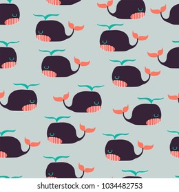 Cute whales seamless pattern. Colorful vector illustration.