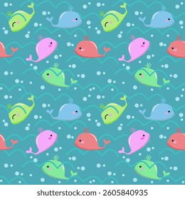 Cute Whales Seamless Pattern - Colorful Sea Life Illustration