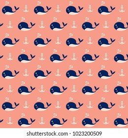 Cute whales, Seamless pattern with funny characters and anchors