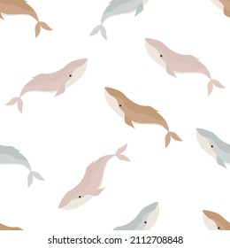 Cute whales seamless pattern. Hand drawn children sea background. Cartoon print of the underwater world. Vector illustration of the ocean with whales. Design for fabric, texture, website.