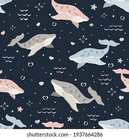 cute whales seamless pattern on dark background . Vector illustration