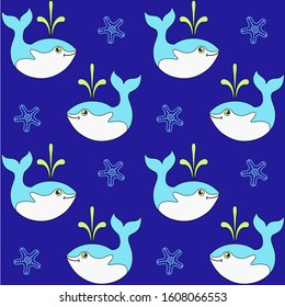 Cute whales. Seamless pattern whales and starfish on a classic blue background. Baby vector background with whales and imperial stars for textile, wallpaper or paper.