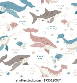 cute whales, shark and norwhal vector seamless pattern on white background . Vector illustration, pastel colors